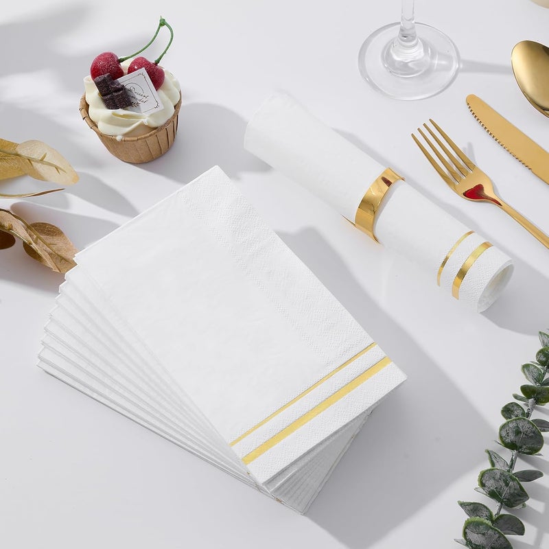 Tamone 100PCS 3-Ply Gold Napkins - White and Gold Paper Napkins Disposable - Premium Quality Dinner Napkins Soft and Absorbent for Wedding Party Birthday - Image 4